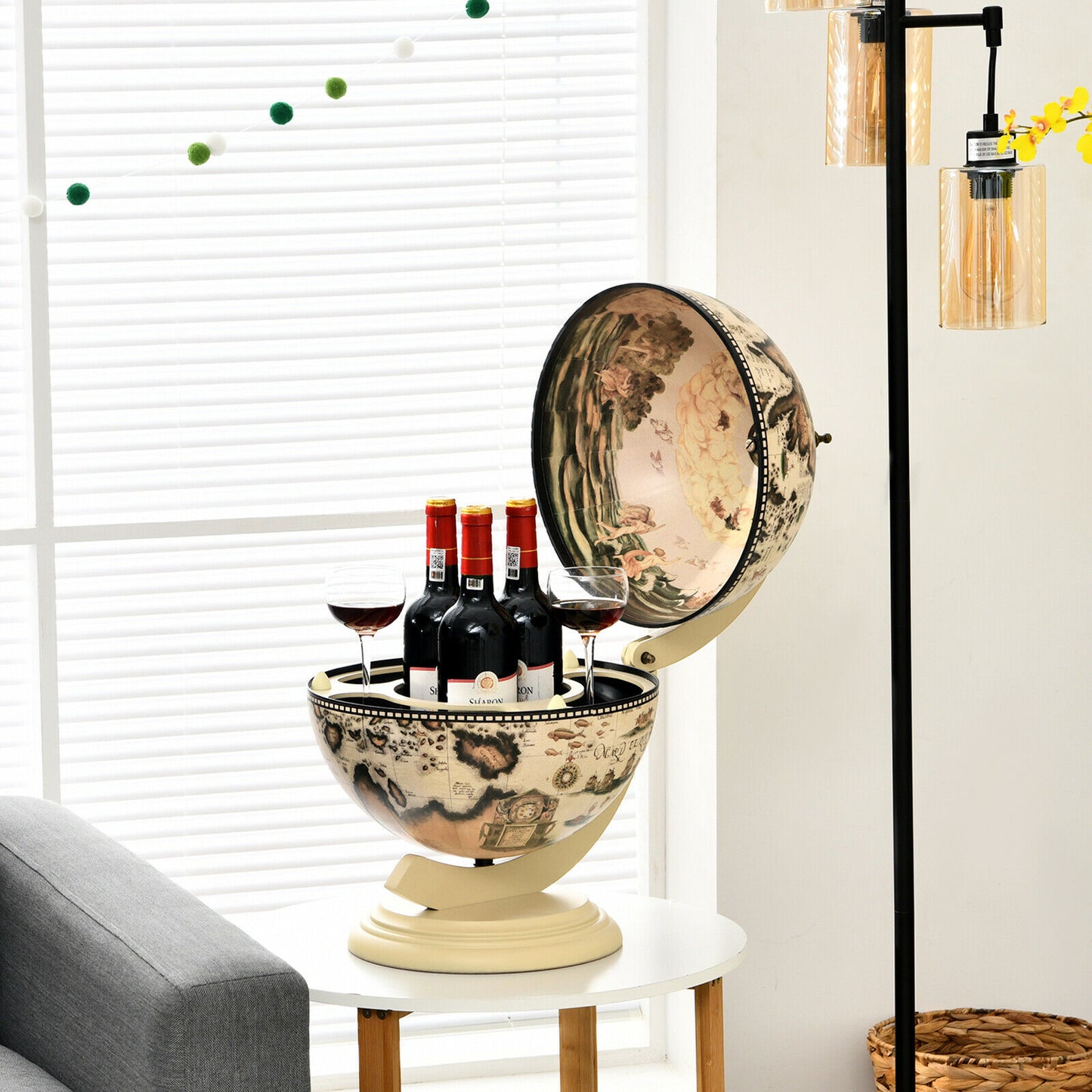 Tabletop Retro Globe Bar with Map Patterns-Cream