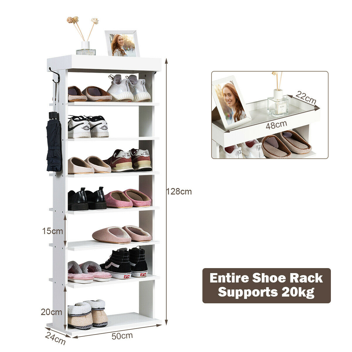 Vertical Designed 7-Tier Shoe Rack with Hooks-White