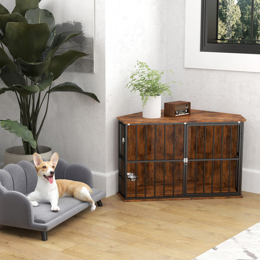 PawHut Corner Dog Crate Furniture z 2 miskami, zamykane drzwi, dla małych i średnich psów, rustykalny brąz