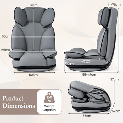 360 Degree Swivel Floor Gaming Chair Folding Lazy Lounger Couch with 6-Position Adjustable Backrest-Grey