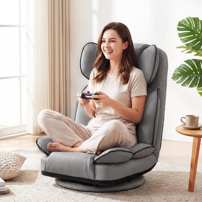 360 Degree Swivel Floor Gaming Chair Folding Lazy Lounger Couch with 6-Position Adjustable Backrest-Grey