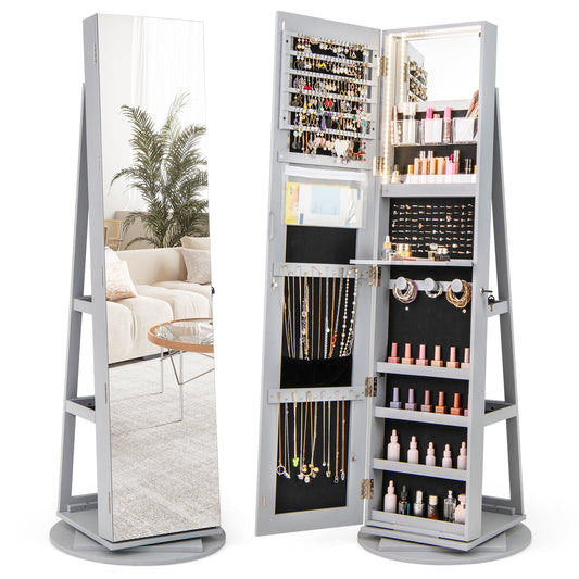 360-Degree Mirrored Jewelry Armoire with 3-Color Auto-on LED Lights-Grey