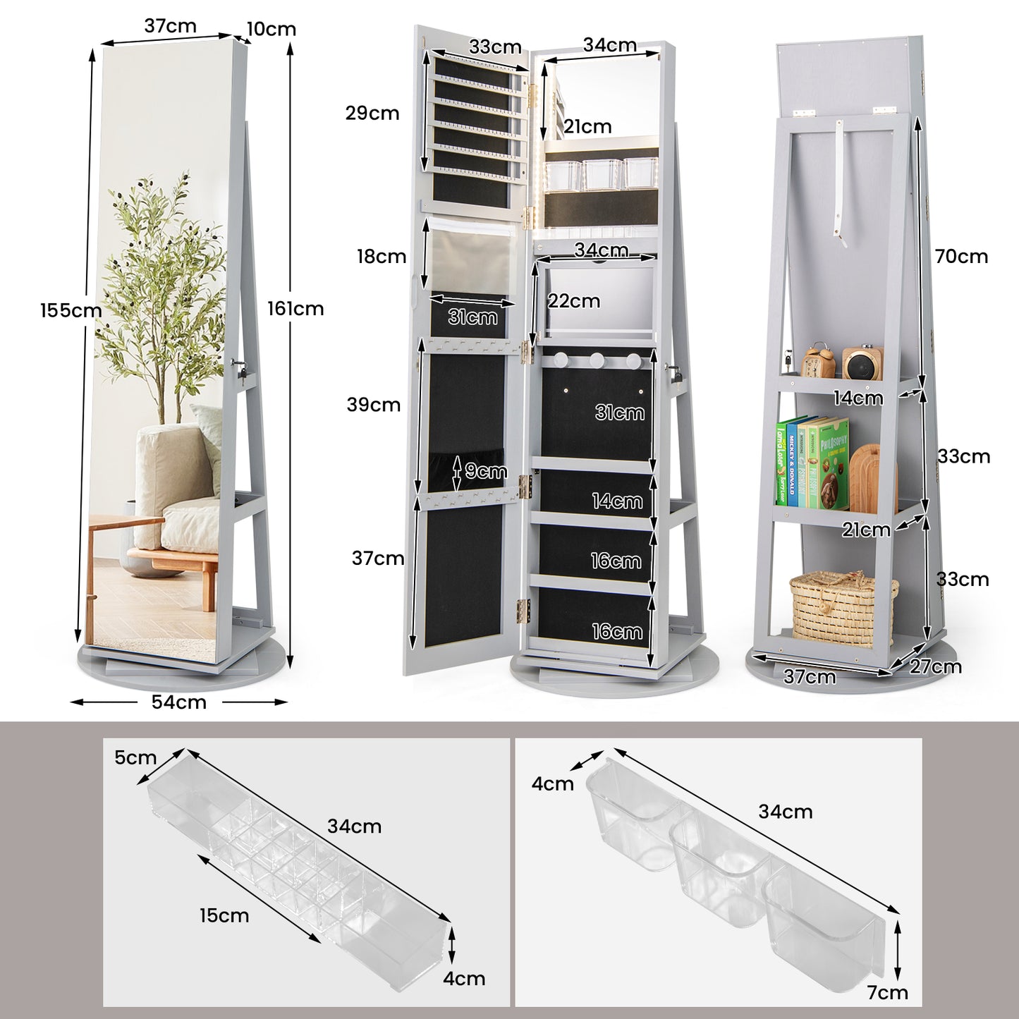 360-Degree Mirrored Jewelry Armoire with 3-Color Auto-on LED Lights-Grey