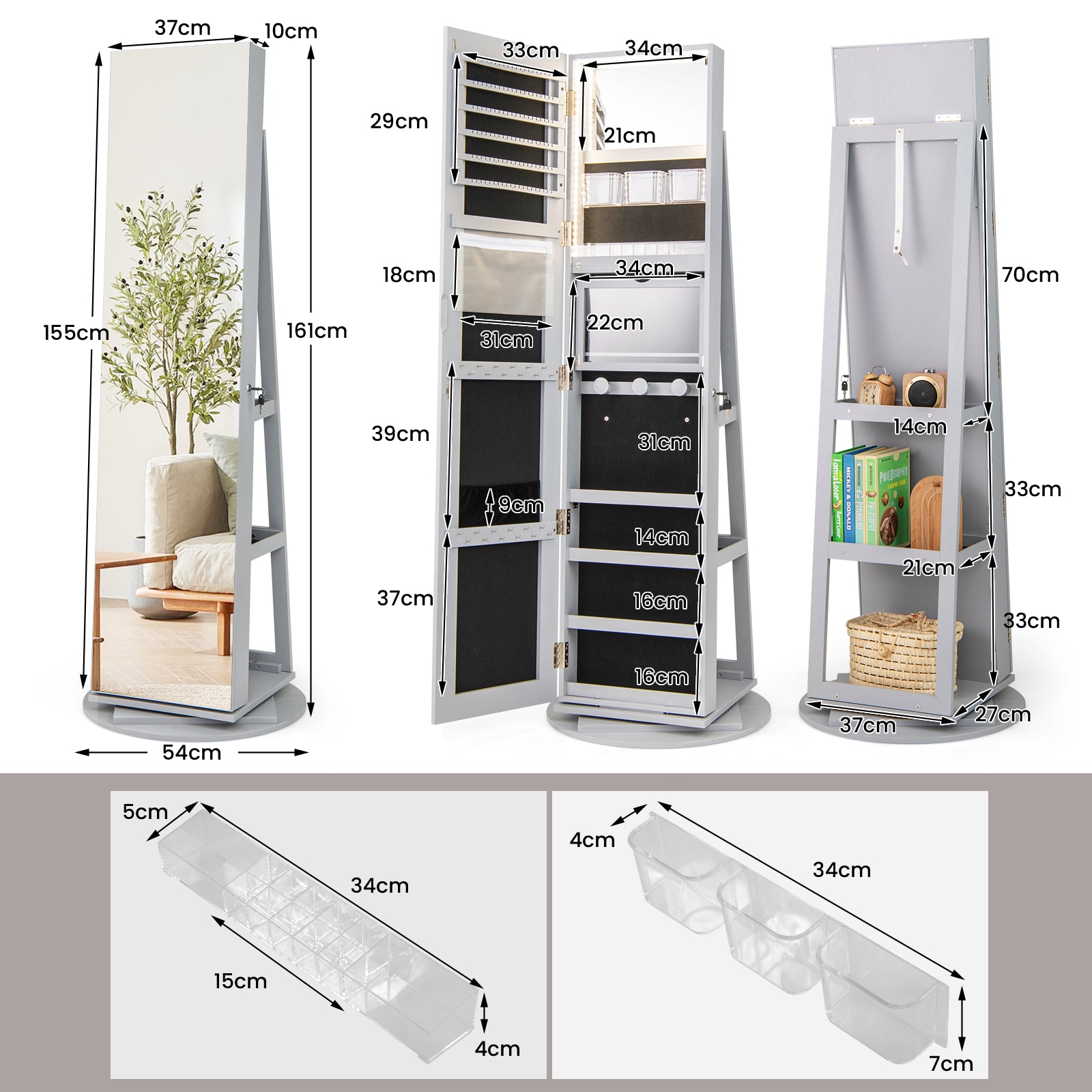 360-Degree Mirrored Jewelry Armoire with 3-Color Auto-on LED Lights-Grey