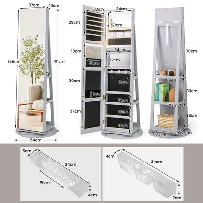 360-Degree Mirrored Jewelry Armoire with 3-Color Auto-on LED Lights-Grey