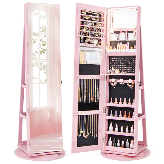 360-Degree Mirrored Jewelry Armoire with 3-Color Auto-on LED Lights-Pink