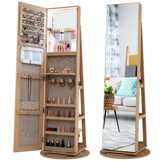 360-Degree Mirrored Jewelry Armoire with 3-Color Auto-on LED Lights-Wood