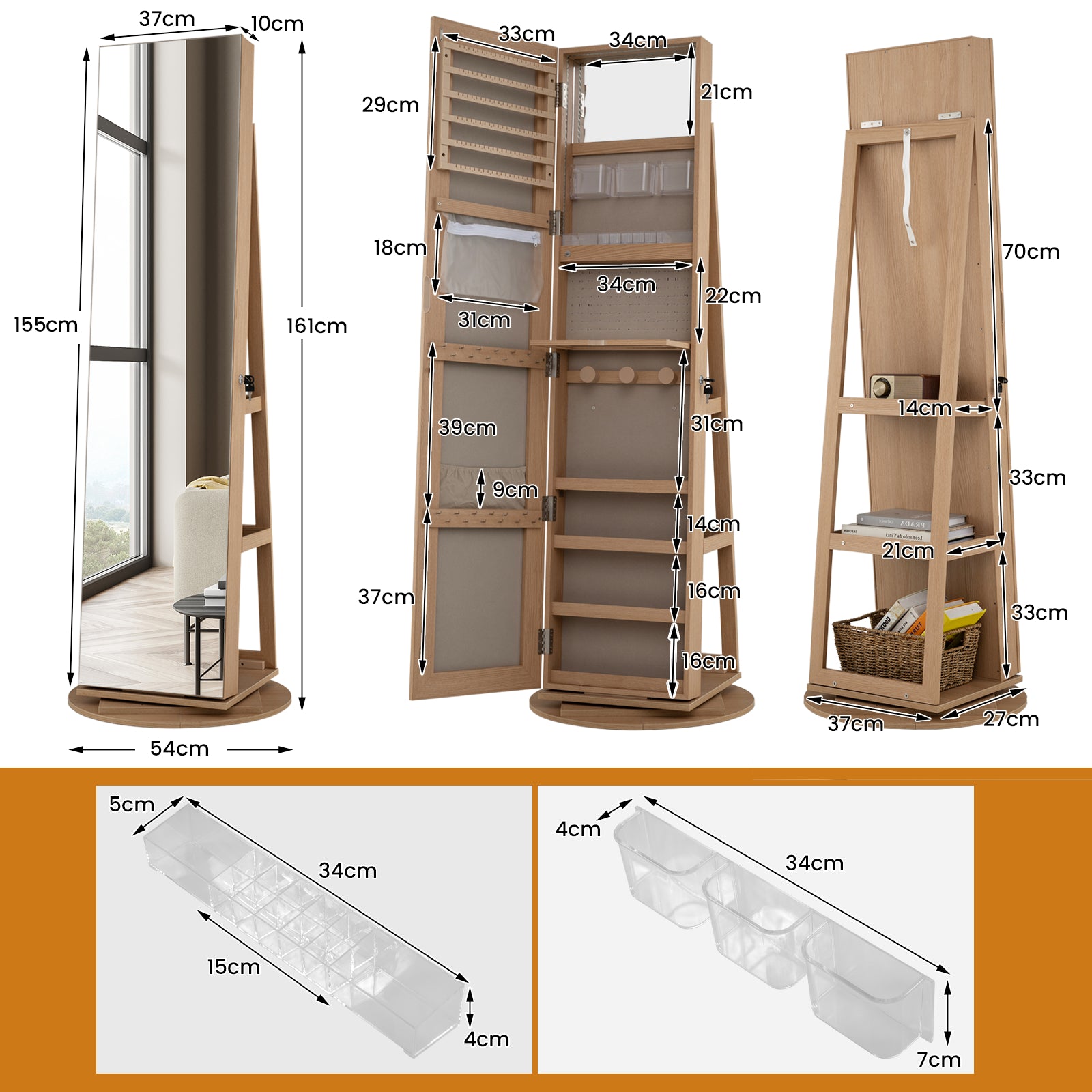 360-Degree Mirrored Jewelry Armoire with 3-Color Auto-on LED Lights-Wood