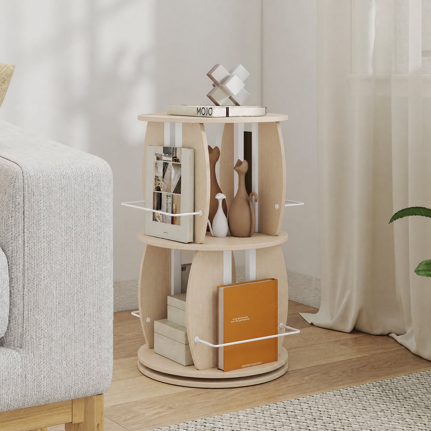 360° Spinning Rotating Bookshelf Tower with Display Stands and Side Rails-Oak