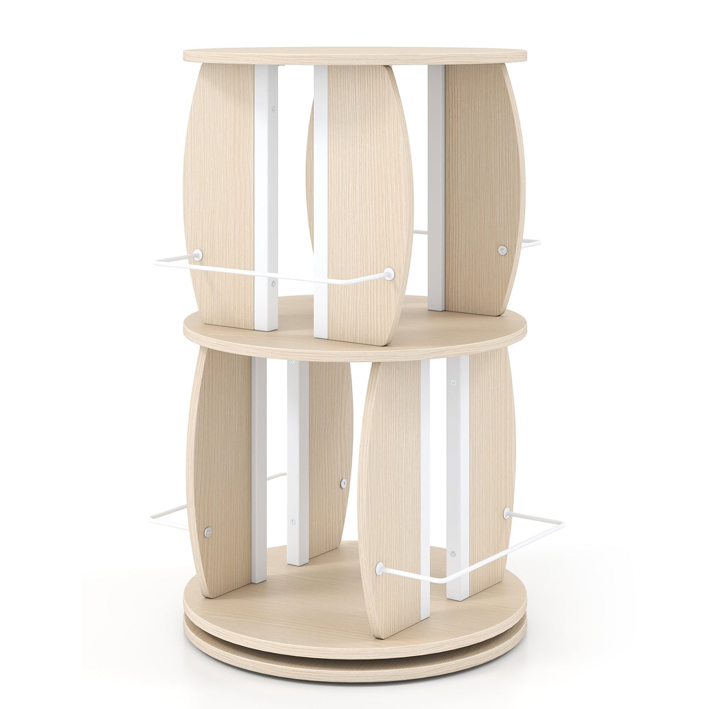 360° Spinning Rotating Bookshelf Tower with Display Stands and Side Rails-Oak