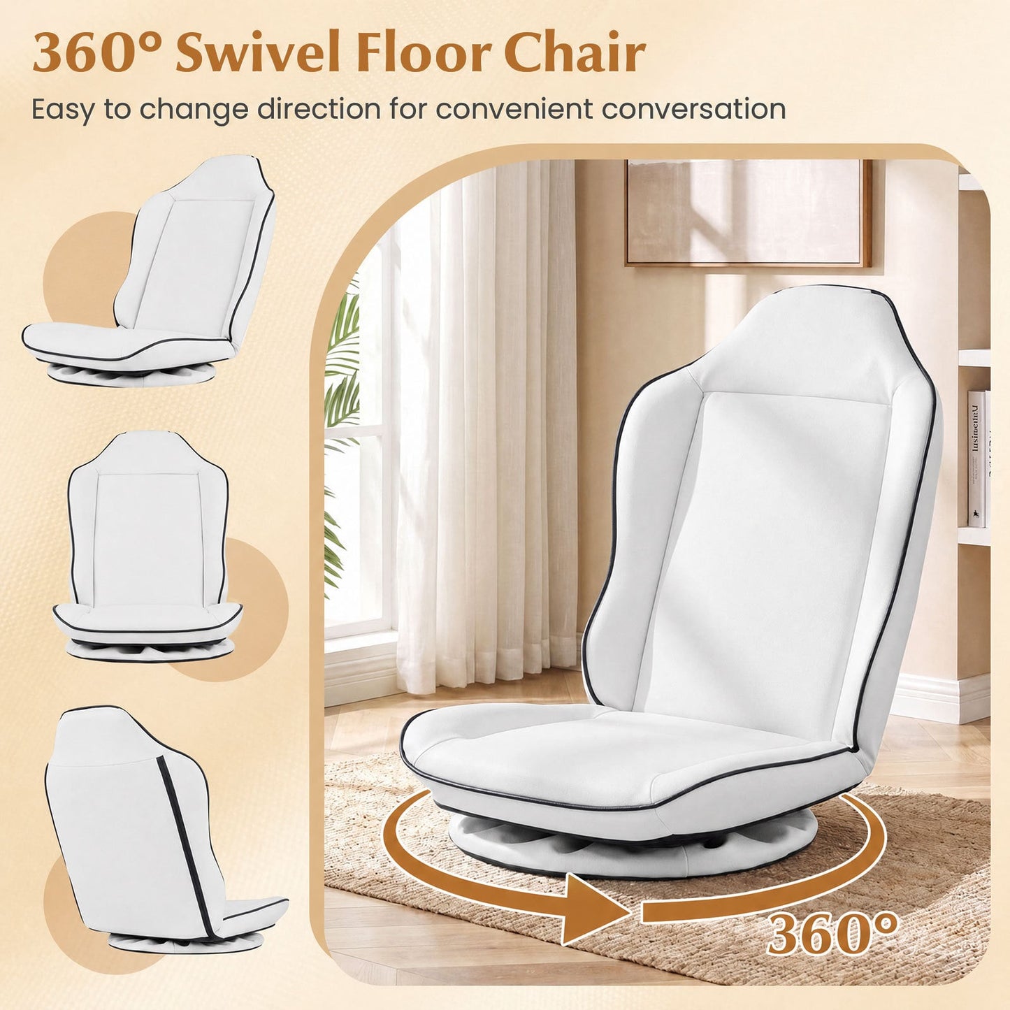 360° Swivel Floor Gaming Chair with Adjustable Backrest & Padded Cushion for Reading-White