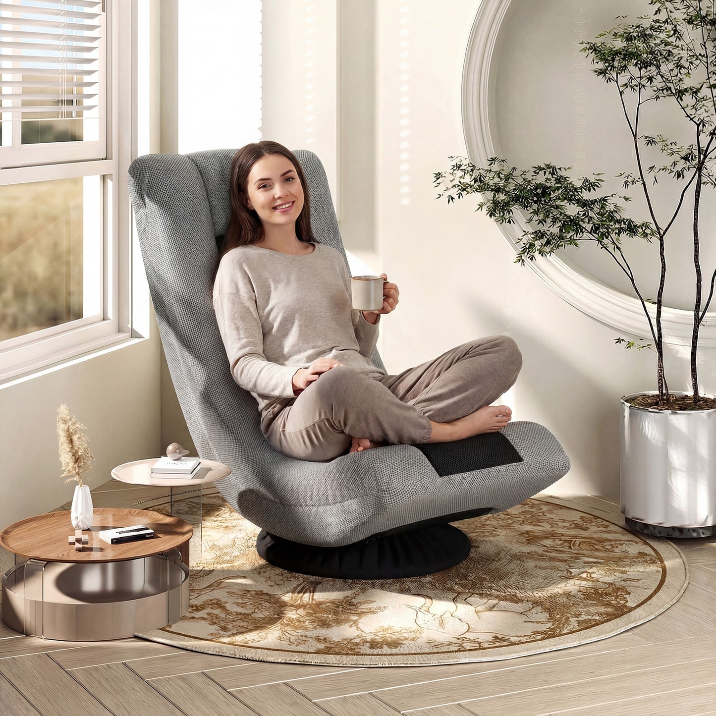 360° Swivel Gaming Chair 4 Position Adjustable Folding Floor Sofa-Black and Grey