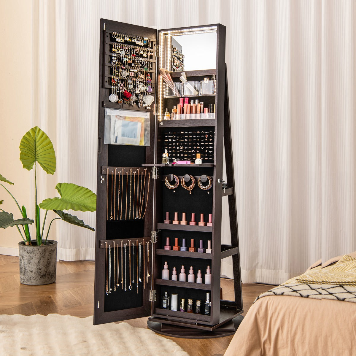 360-Degree Mirrored Jewelry Armoire with 3-Color Auto-on LED Lights-Brown