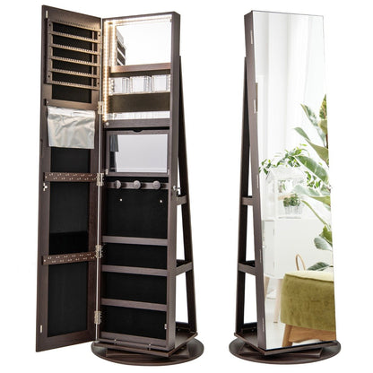 360-Degree Mirrored Jewelry Armoire with 3-Color Auto-on LED Lights-Brown