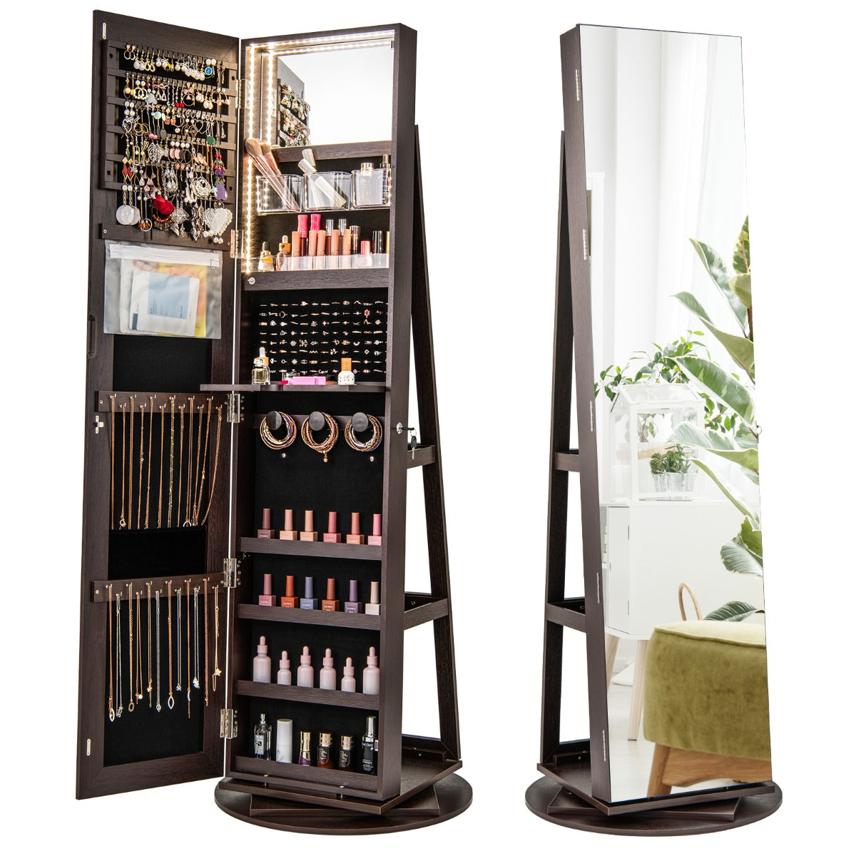 360-Degree Mirrored Jewelry Armoire with 3-Color Auto-on LED Lights-Brown