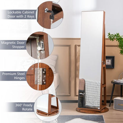 360° Rotating Mirrored Jewelry Cabinet Armoire 3 Color LED Modes Lockable-Dark Brown