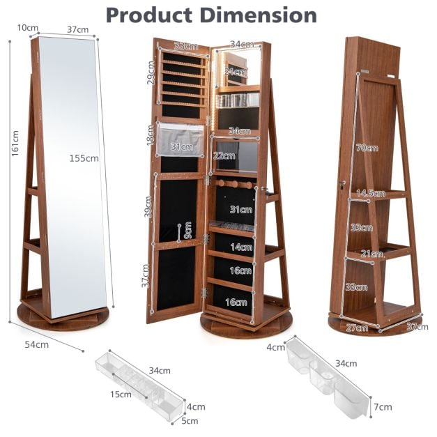 360° Rotating Mirrored Jewelry Cabinet Armoire 3 Color LED Modes Lockable-Dark Brown