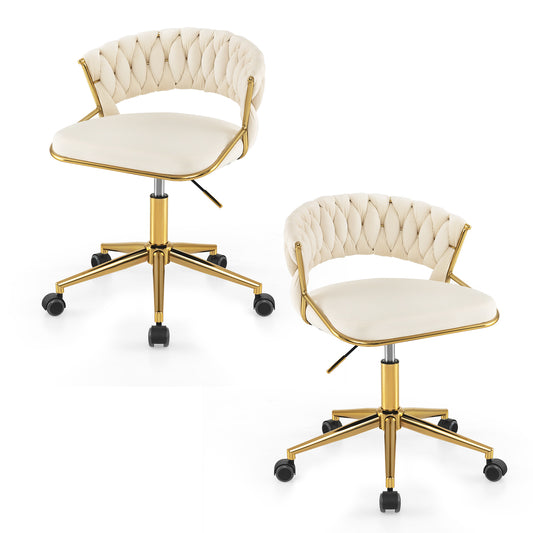360° Swivel Home Office Desk Chair Set of 2 with Hand-woven Back-Beige