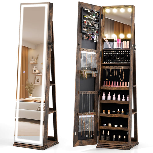 360° Swivel Jewelry Cabinet Freestanding Jewelry Storage Organizer with Lighted Full Length Mirror-Rustic Brown