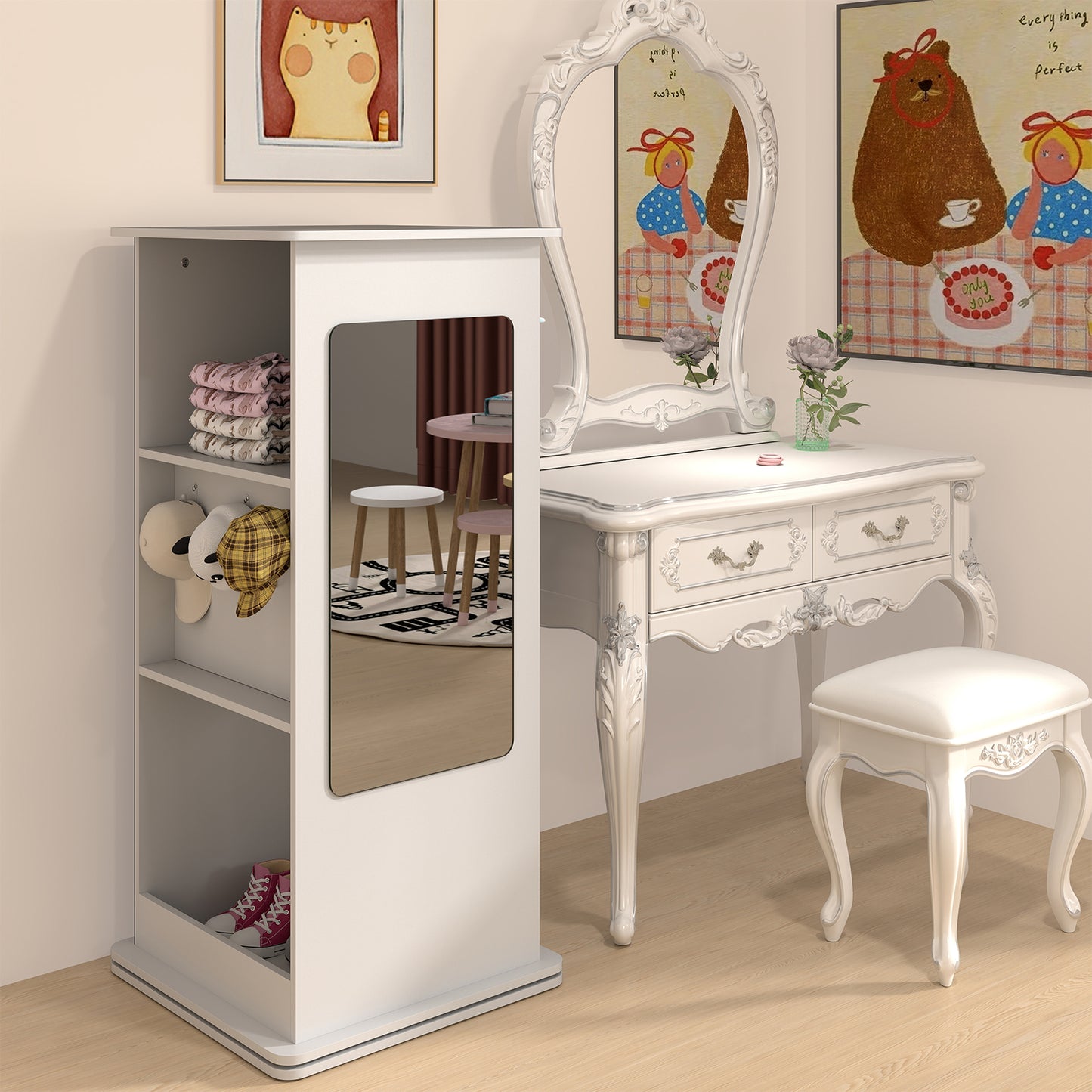 360° Spinning Corner Bookcase with Chalkboard and Open Compartments-White