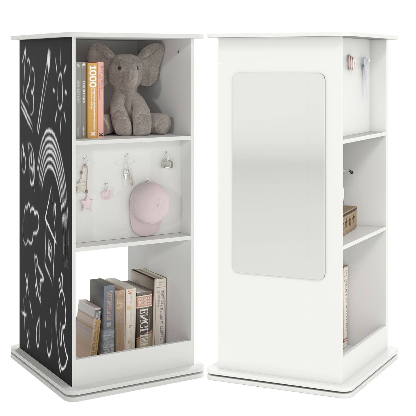 360° Spinning Corner Bookcase with Chalkboard and Open Compartments-White