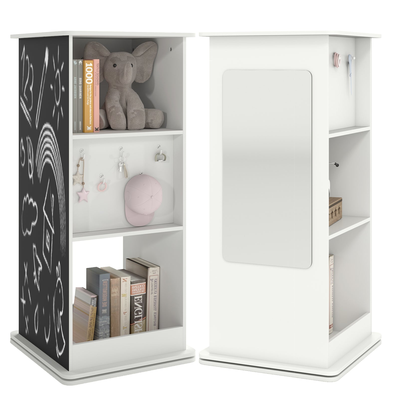 360° Spinning Corner Bookcase with Chalkboard and Open Compartments-White