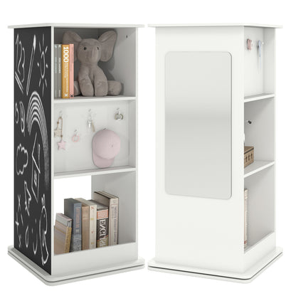 360° Spinning Corner Bookcase with Chalkboard and Open Compartments-White