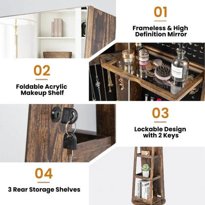 360-Degree Mirrored Jewelry Armoire with 3-Color Auto-on LED Lights-Rustic Brown