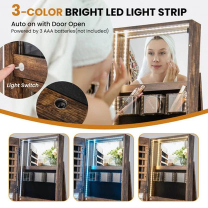 360-Degree Mirrored Jewelry Armoire with 3-Color Auto-on LED Lights-Rustic Brown