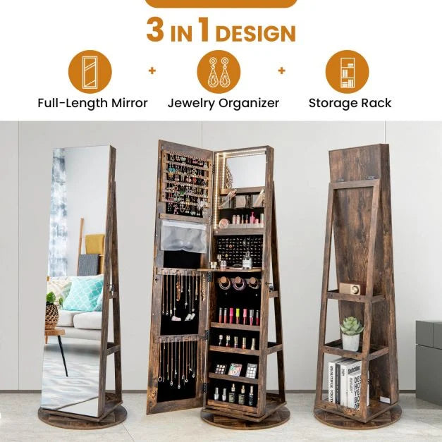 360-Degree Mirrored Jewelry Armoire with 3-Color Auto-on LED Lights-Rustic Brown