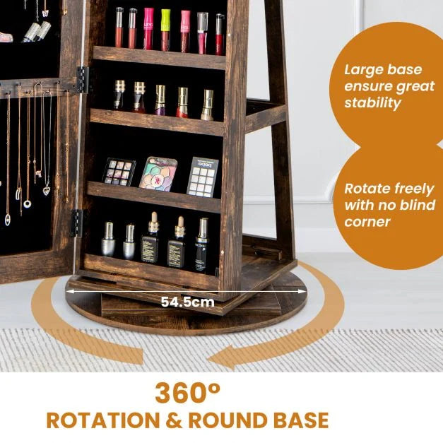 360-Degree Mirrored Jewelry Armoire with 3-Color Auto-on LED Lights-Rustic Brown