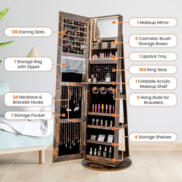 360-Degree Mirrored Jewelry Armoire with 3-Color Auto-on LED Lights-Rustic Brown