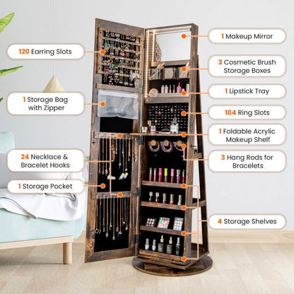 360-Degree Mirrored Jewelry Armoire with 3-Color Auto-on LED Lights-Rustic Brown