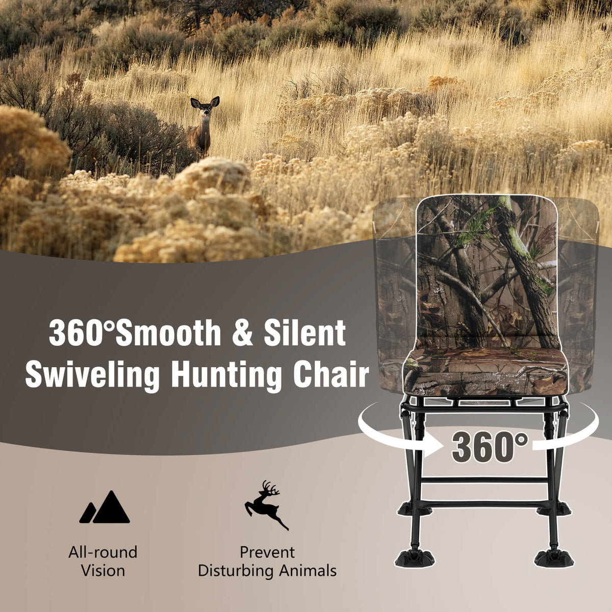 360° Swivel Folding Silent Hunting Chair with Padded Seat and Backrest-Camouflage