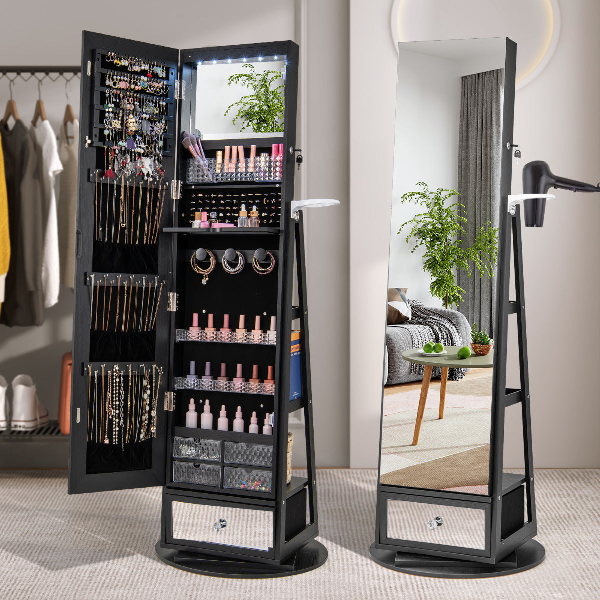 360° Swivel Lockable Jewelry Armoire Cabinet with Full-Length Mirror-Black