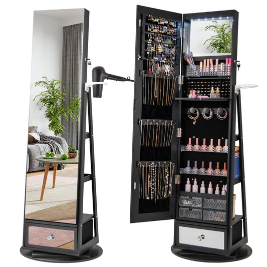 360° Swivel Lockable Jewelry Armoire Cabinet with Full-Length Mirror-Black
