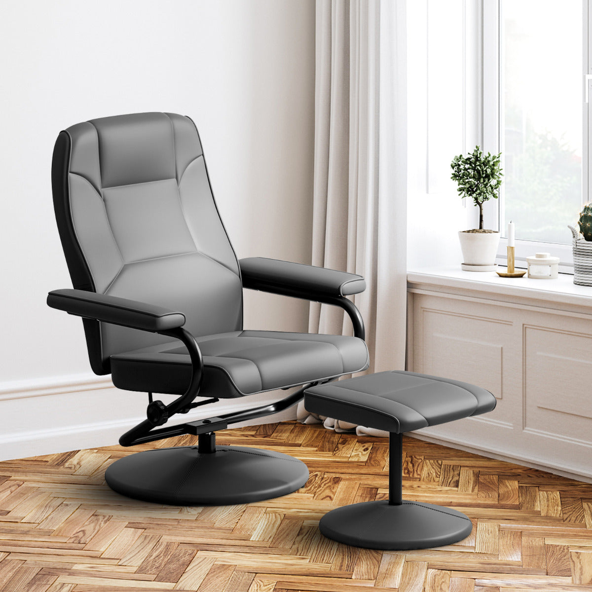 360¬∞ Swivel Reclining Chair with Ottoman and Adjustable Backrest-Grey