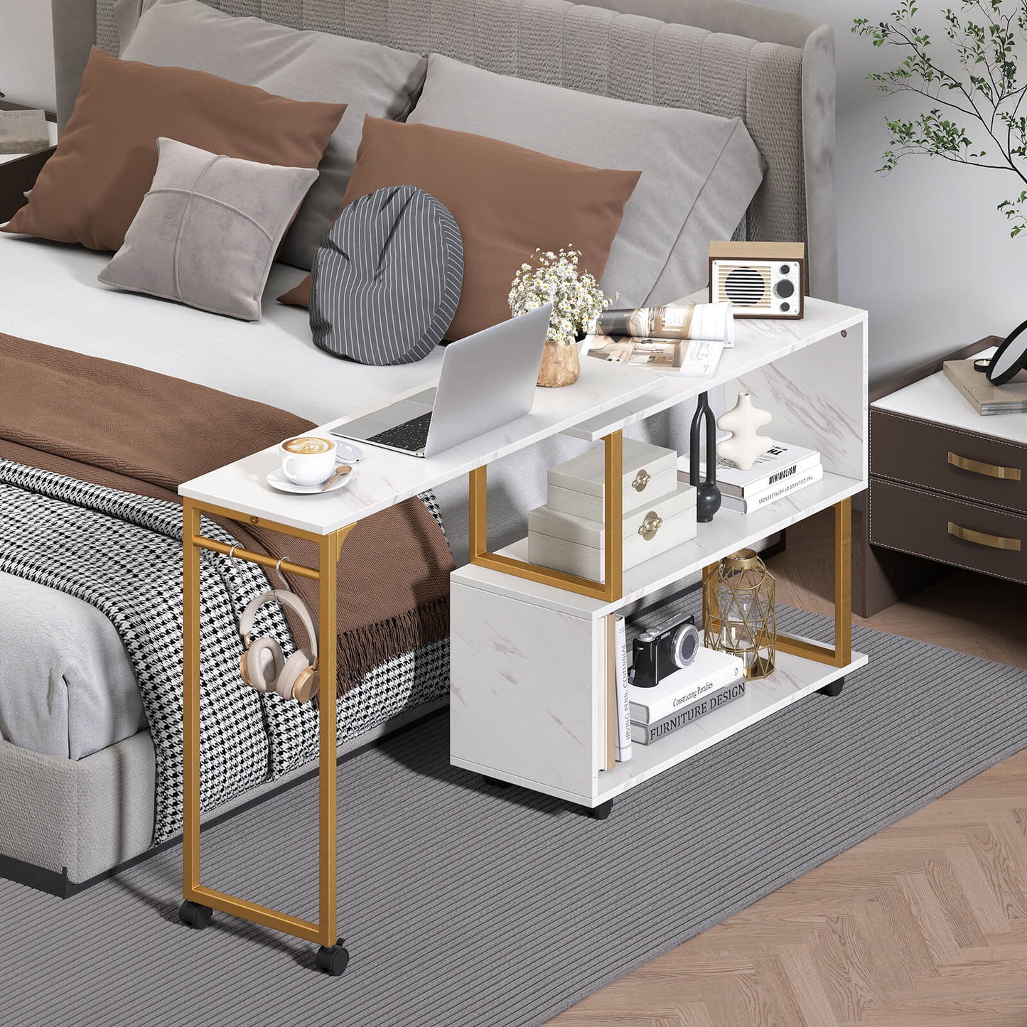 360¬∞ Sofa Side Table with Storage Bookcase and Hooks-White