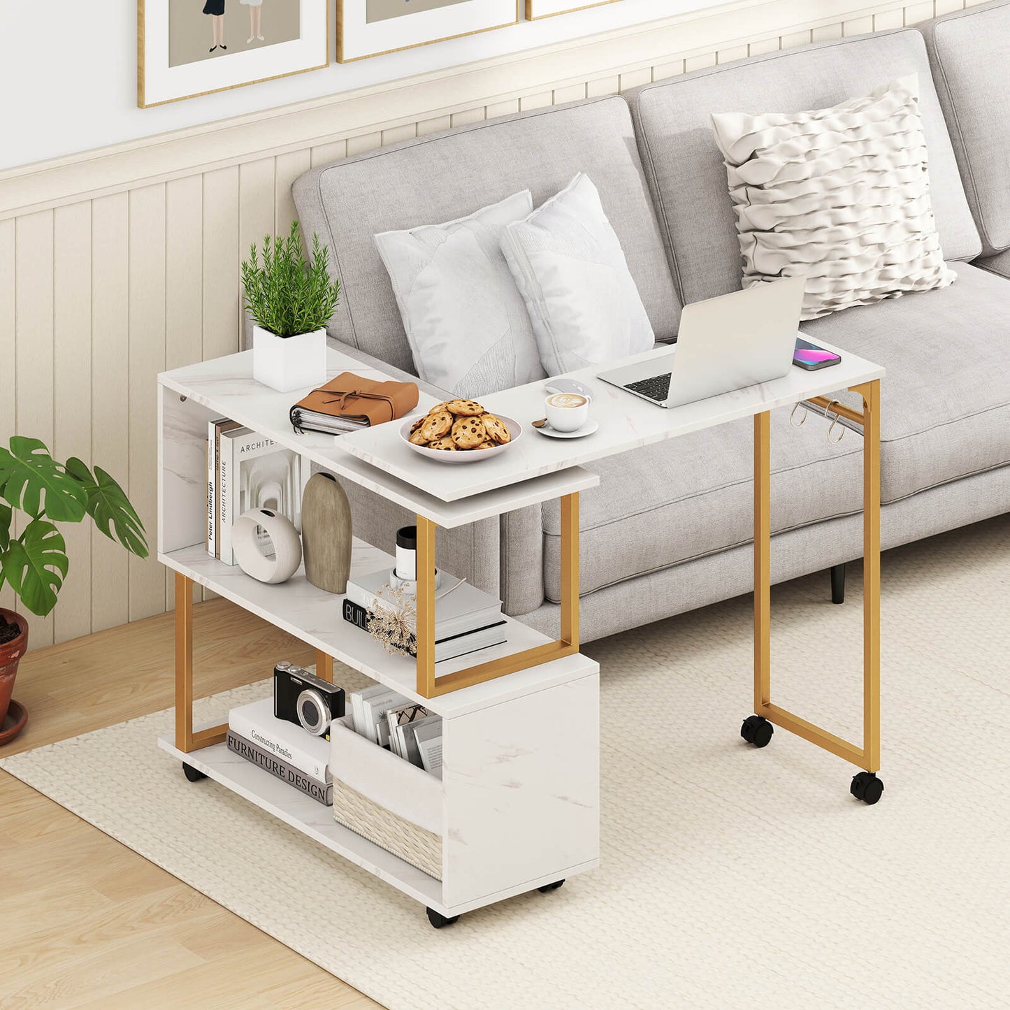 360° Sofa Side Table with Storage Bookcase and Hooks-White