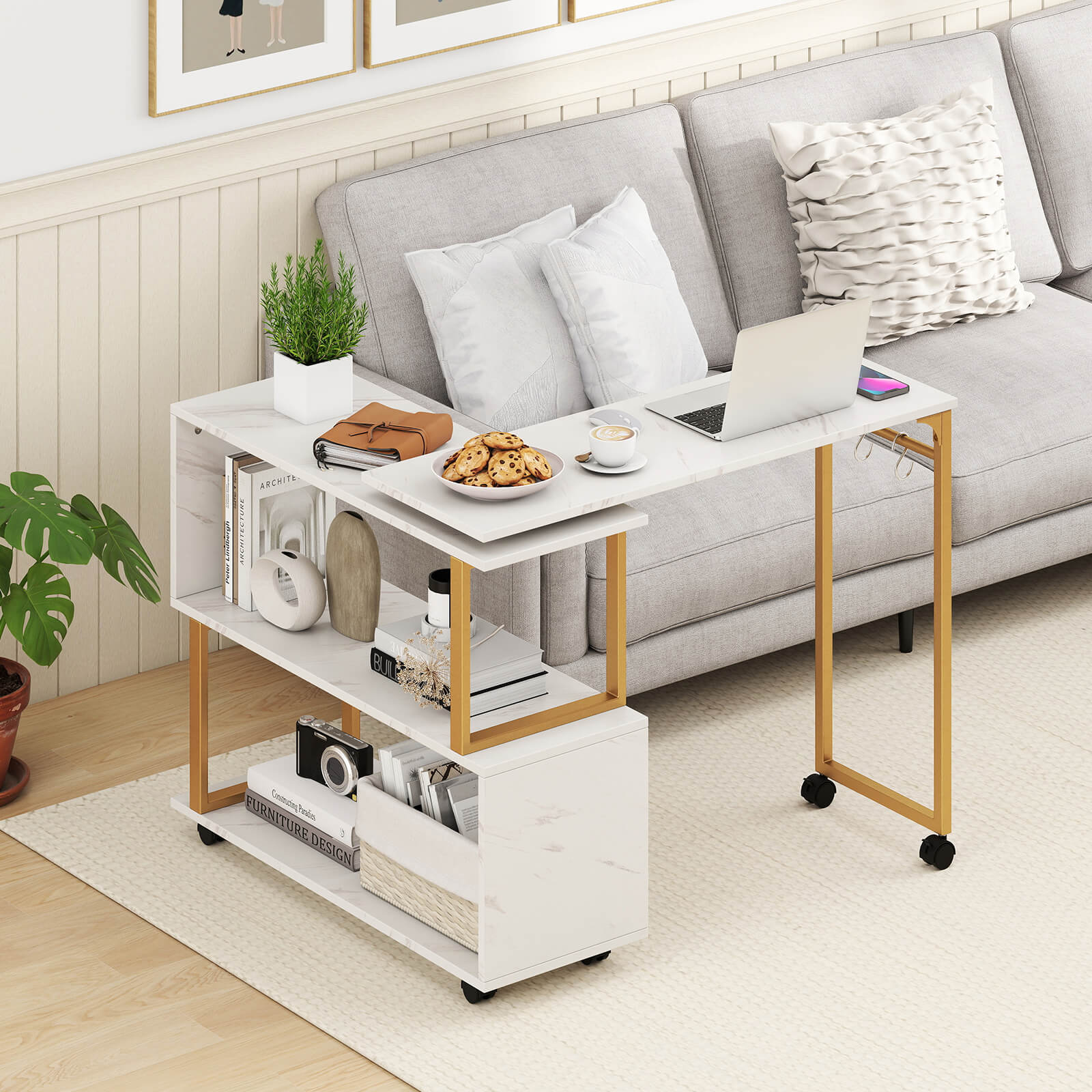 360° Sofa Side Table with Storage Bookcase and Hooks-White