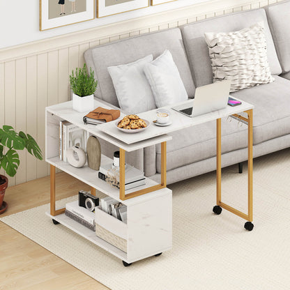 360° Sofa Side Table with Storage Bookcase and Hooks-White