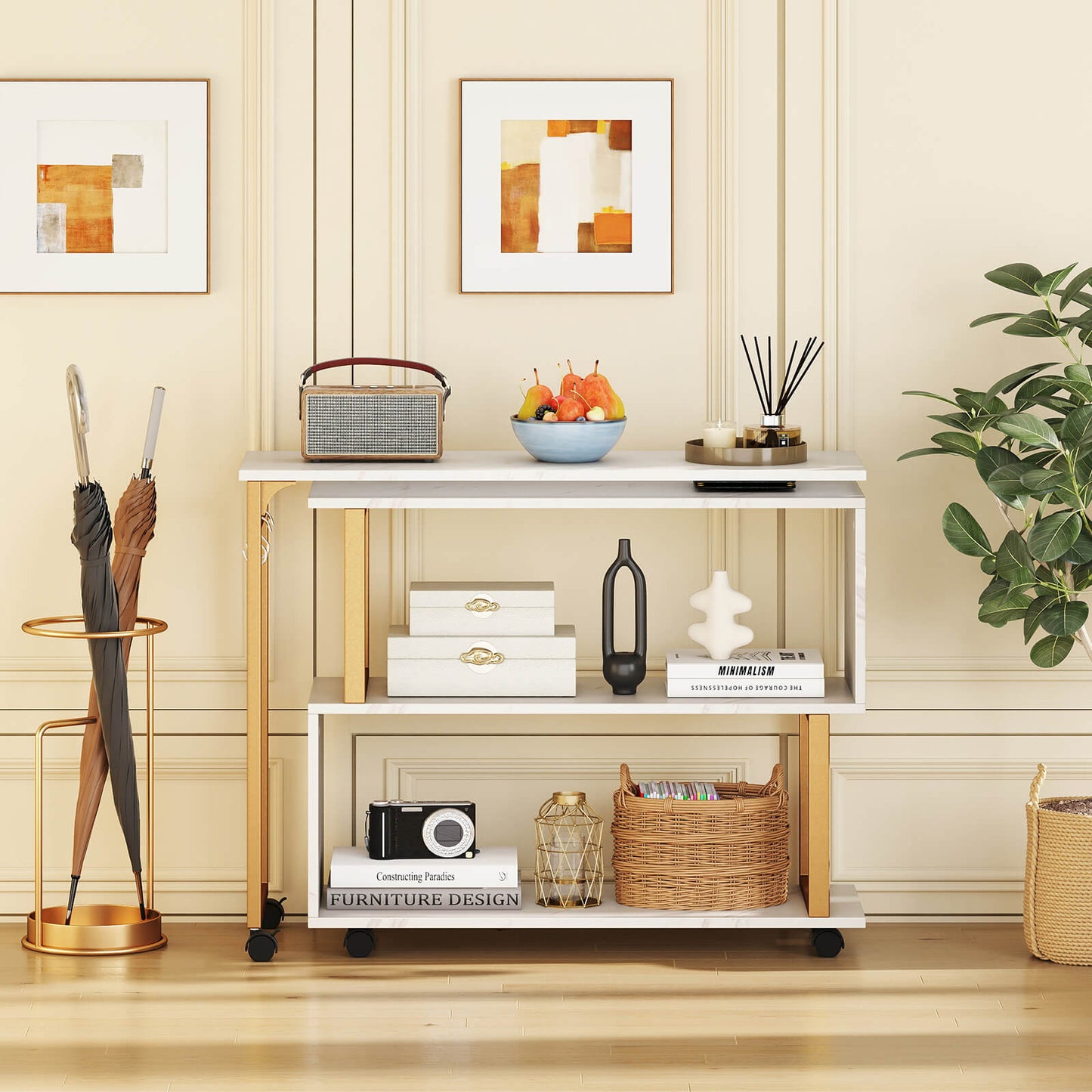 360° Sofa Side Table with Storage Bookcase and Hooks-White