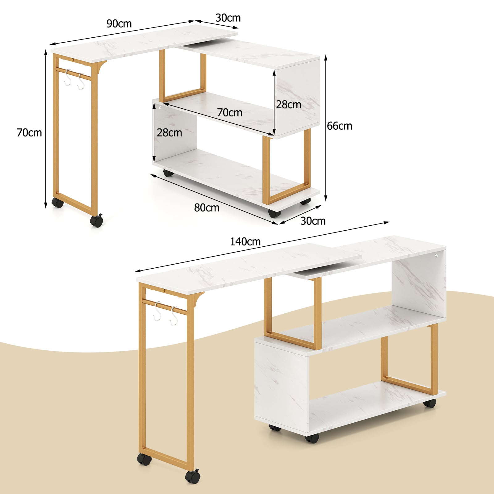 360° Sofa Side Table with Storage Bookcase and Hooks-White