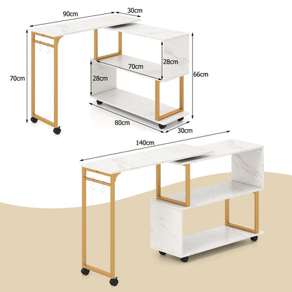 360° Sofa Side Table with Storage Bookcase and Hooks-White