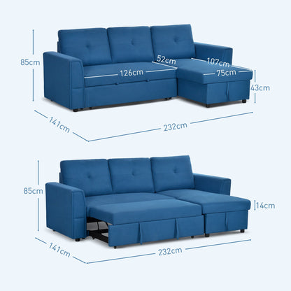 HOMCOM 4 Seater Sofa Bed, Pull Out Sofa Bed with Storage for Living Room, Cobalt Blue