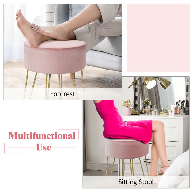 Velvet Modern Round Footstool Ottoman Makeup Dressing Chair-Pink