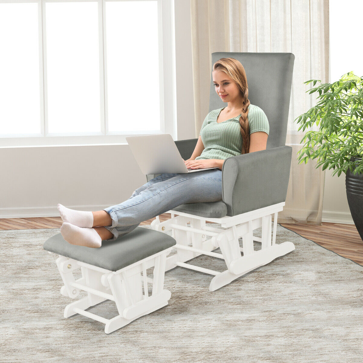 Wooden Glider Chair with Footstool-Grey