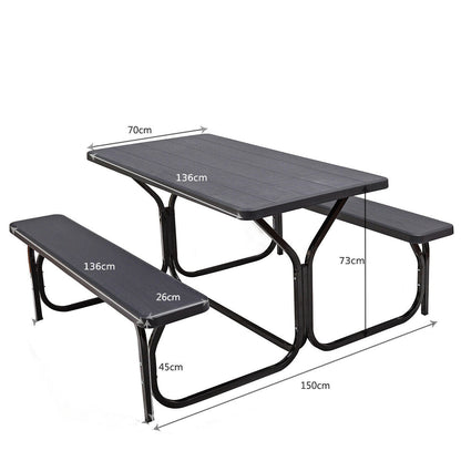 Picnic Table Bench Set with Metal Base Wood for Outdoor-Black