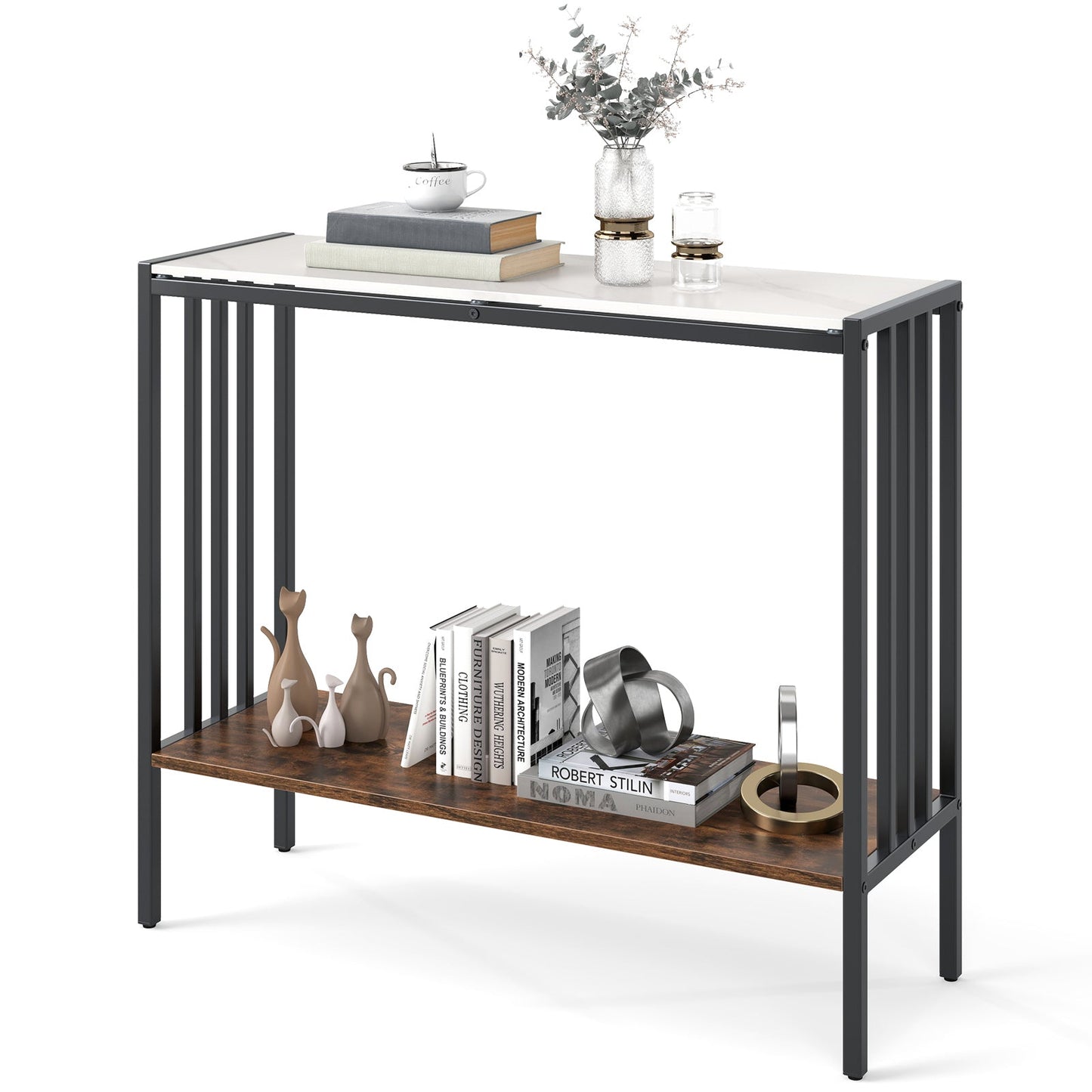 90 CM 2-Tier Industrial Console Foyer Table with Sintered Stone Tabletop