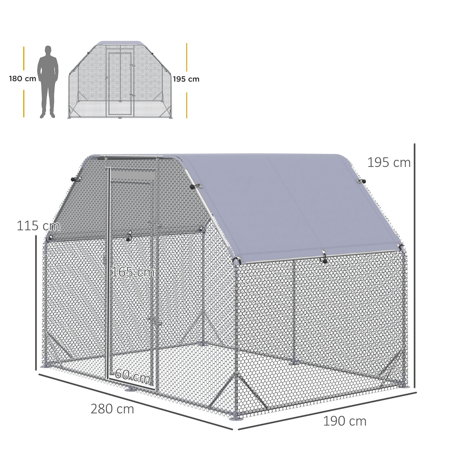 حظيرة دجاج PawHut Walk in Chicken Run في الهواء الطلق مع سقف يتسع لـ 4-6 دجاجات، 280 × 190 × 195 سم